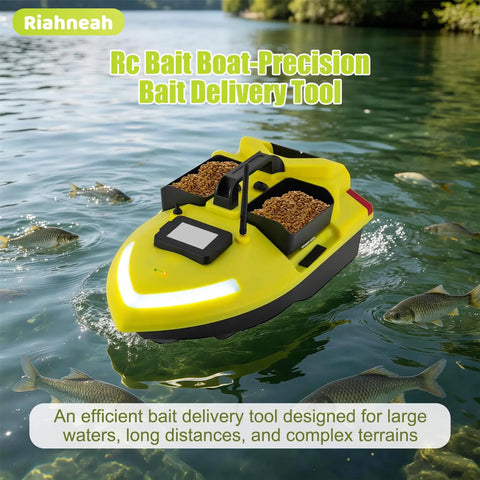 Beast GPS Fishing Bait Boat With 12000mAh Battery, 1640ft Remote Range RC Boat on lake with triple bins filled with bait
