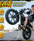 Rider performs a wheelie on All Terrain Beast Electric Fat Bike With 1500W Peak Motor Dual Suspension And 20X4 Fat Tires.