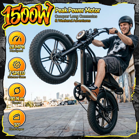 Rider performs a wheelie on All Terrain Beast Electric Fat Bike With 1500W Peak Motor Dual Suspension And 20X4 Fat Tires.
