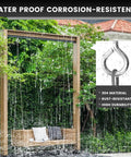 Four Pack Self Tapping Eyelet Screws 4 Inch Heavy Duty Eye Bolts M8 Large Wooden Screw Eyes For Hammocks Yoga Indoor Outdoor Use Up To 500 Lb Load Capacity, installed on outdoor wooden swing frame in rain, showing weather resistance.