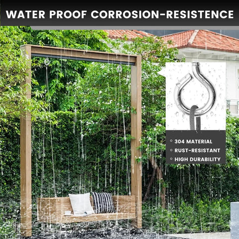 Four Pack Self Tapping Eyelet Screws 4 Inch Heavy Duty Eye Bolts M8 Large Wooden Screw Eyes For Hammocks Yoga Indoor Outdoor Use Up To 500 Lb Load Capacity, installed on outdoor wooden swing frame in rain, showing weather resistance.