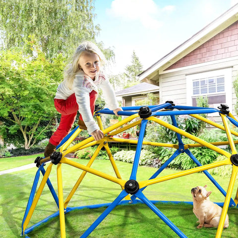Child climbing on 6 Ft Geometric Dome Climber for Kids Indoor Outdoor Play Set with Durable Climbing Grips Supports Up To 600 Lbs