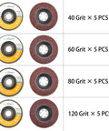LotFancy flap discs for angle grinder, 4.5 in diameter, 7/8 in arbor, aluminum oxide, 20 pcs (40/60/80/120 grit)
