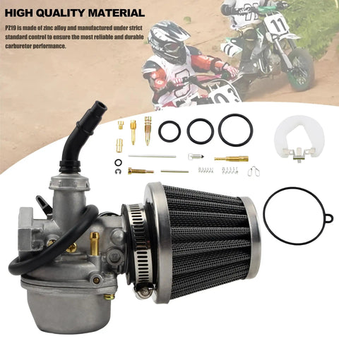 PZ19 19mm Carburetor Kit with Air Fuel Filter and Repair Tools for ATVs and Dirt Bikes showcasing zinc alloy construction
