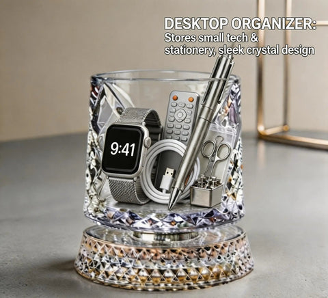 360 Degree Rotating Desk Organizer Cup With Silent Swivel with watch, pen, scissors, and remote in a clear diamond design