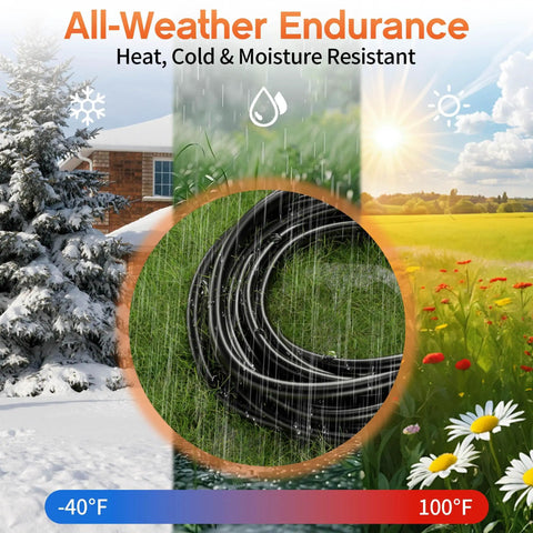 Three Outlet Outdoor Extension Cord 25 Ft 16 AWG 3 Conductor showing weather resistance in sun, rain, and snow settings.