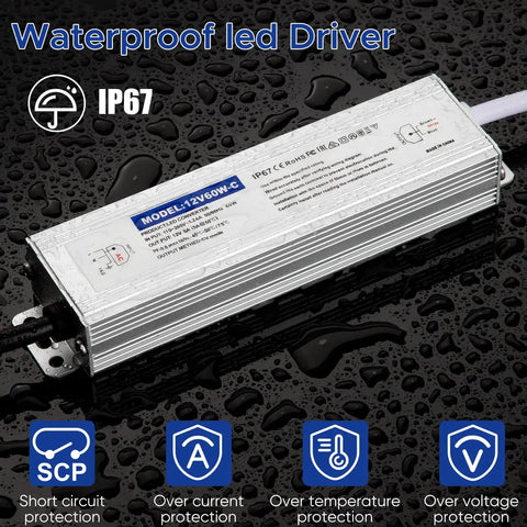 Tough As Nails IP67 Waterproof LED Power Supply 12V 60W 5A on a wet surface showcasing its durable metal design.