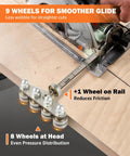 Close-up of Straight Shooting 24 Inch Circular Saw Guide Rail showing 9 wheels for smoother glide and reduced friction.