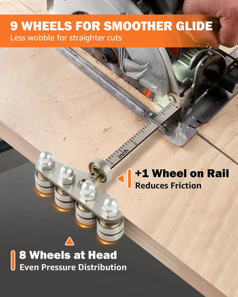 Close-up of Straight Shooting 24 Inch Circular Saw Guide Rail showing 9 wheels for smoother glide and reduced friction.