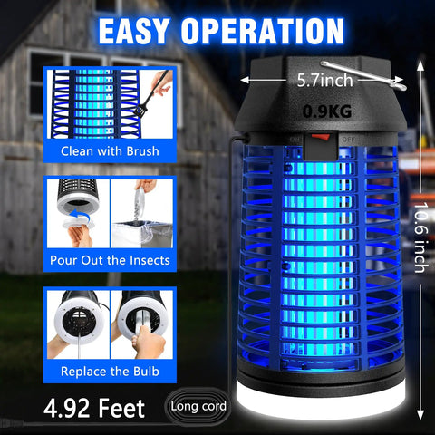 No-Fuss Indoor Outdoor Bug Zapper With LED Light showing size and easy operation features next to a house.