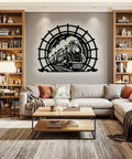 Old School Vintage Steam Train Metal Sign, Circular Iron Wall Art With Locomotive Silhouette in living room decor