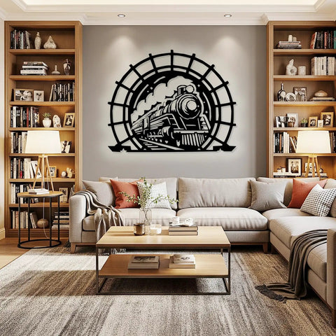 Old School Vintage Steam Train Metal Sign, Circular Iron Wall Art With Locomotive Silhouette in living room decor
