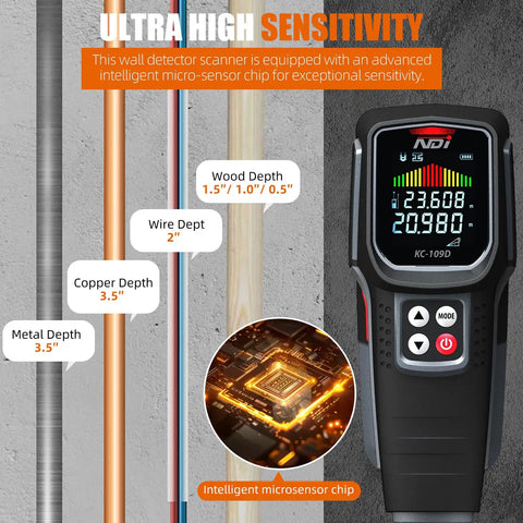 5 In 1 Stud Finder And Laser Distance Meter Pro Grade Handy Tool With HD LCD Display And Audible Alarm For Finding Center And Edge Of Wood Studs Metal And AC Wires Joists Pipes And Built In Level, black handheld scanner shown with depth display