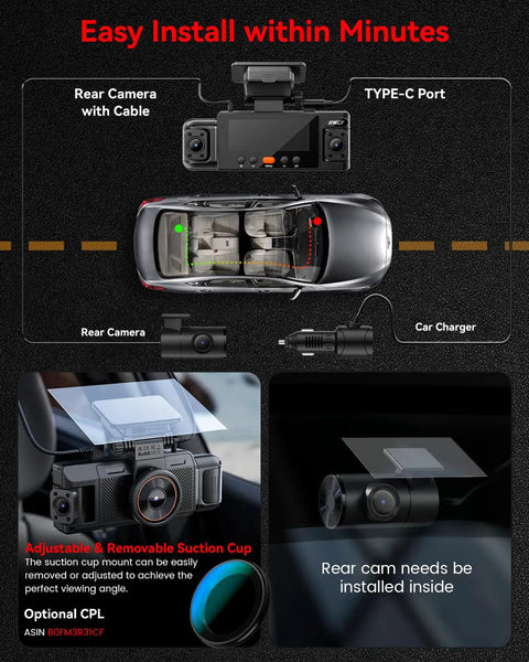 360 Degree Four Channel Dash Cam With FHD Front, Rear, And Inside Coverage setup diagram on vehicle dashboard