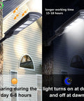 600W Solar Street Light Dusk To Dawn LED With Motion Sensor And Remote installed on house exterior, charging and lighting.