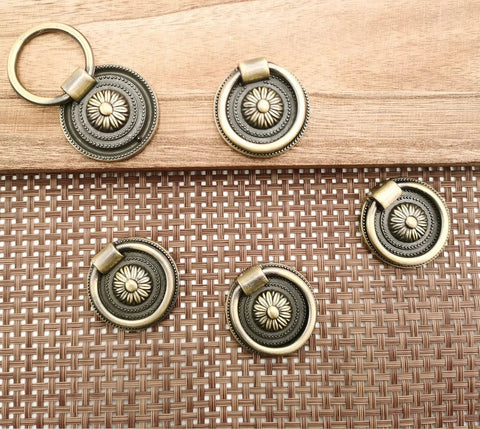 Six Piece Antique Brass Drawer Ring Pull Handles Set For Cabinets Dressers Cupboards And Doors Classic Vintage Style Round Ring Knobs