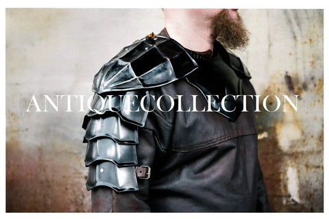 Close-up of Medieval Blackened Pauldrons And Gorget Set For Berserk Guts Style Armor with leather straps