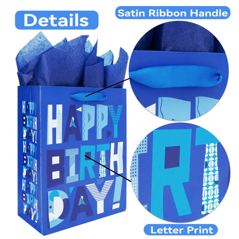 Blue Large Gift Bags Set With Greeting Card And Tissue Paper For Birthday Bash Parties 13 Inch Size Ideal For Men Dads Grandpas Boys