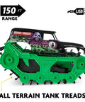 Grave Digger Trax All Terrain Remote Control Vehicle with tank treads for outdoor use, side view showcasing rugged design.