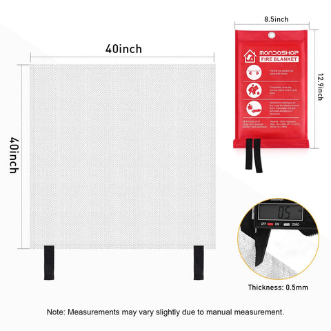 Fiberglass Fire Safety Blanket Heavy Duty Fire Retardant For Home Kitchen Camping Grilling Car Office Warehouse School Picnic And Fireplace Your Go To Heat Shield Up To 1022 Degrees Heat Resistant showing measurements and thickness.