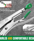 Close-up of locking pliers with adjustable screw, ergonomic knurled grip handle for anti-slip use on gray background.