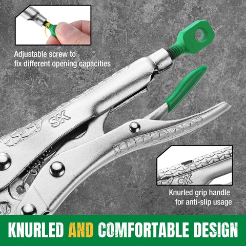 Close-up of locking pliers with adjustable screw, ergonomic knurled grip handle for anti-slip use on gray background.