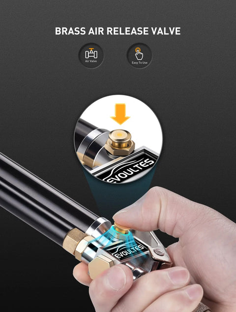 Close-up of brass air release valve on heavy duty tire inflator with pressure gauge and 16.5 inch extended dual head air chuck