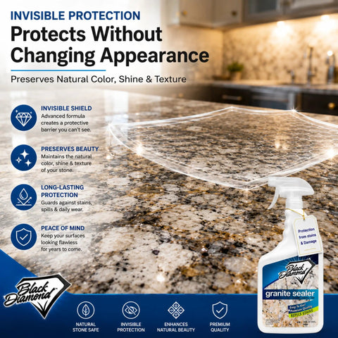 Hassle Free Spray Sealant That Locks Down Granite And Marble Countertops Against Daily Messes While Delivering Contractor Grade Stain Defense That Keeps Stone Surfaces Looking Fresh And Completely Water Repellent Year Round on marble countertop.