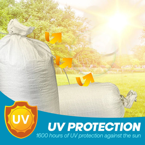 UV protection feature of Heavy Duty Sand Bags With Ties For Flood Protection 14x26 Inches Pack Of 20 White Woven Polypropylene Sandbags