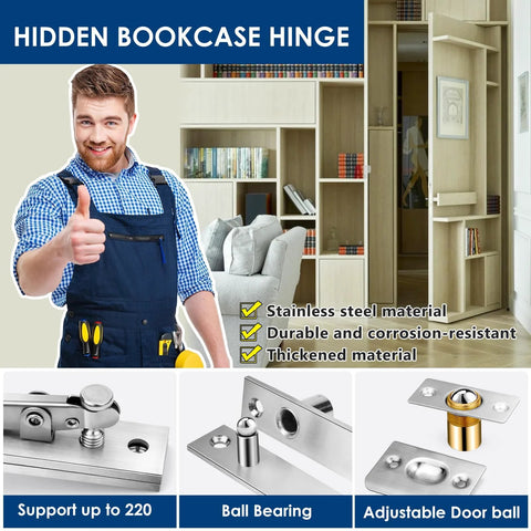 2 Pack Heavy Duty Pivot Hinge Set With Door Ball Catch For Wood Doors Stainless Steel Hidden Pivot Hinge for Secret Doors 360
