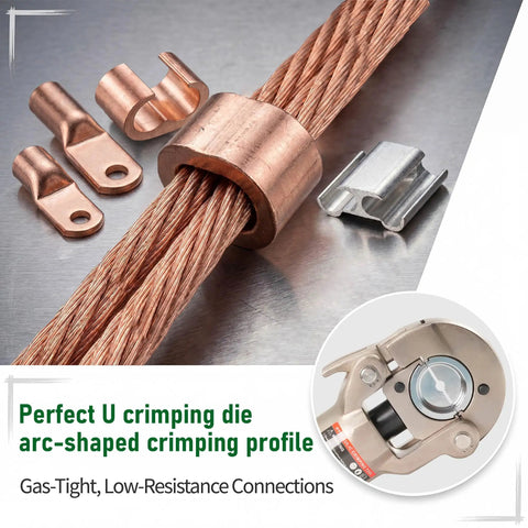 Pro-Grade Hydraulic Cable Crimper 80KN for Copper YA YS Lugs, Heavy-Duty Powerhouse for Grounding Grid and Residential Wiring, Delivers Permanent, Low-Resistance, Vibration-Free Joints, Quick, Clean Crimps. Copper cable lug crimps with U-die profile.