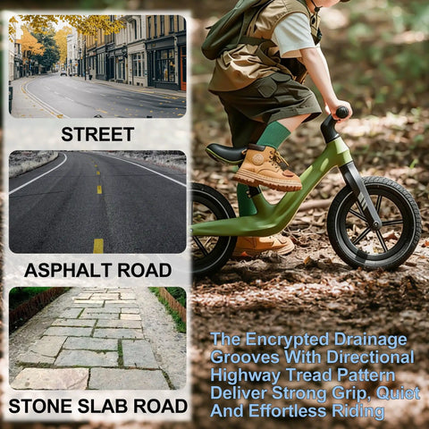 Child riding bike on forest path; inset images show street, asphalt, and stone slab road surfaces.