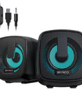 2.0 Stereo USB Powered Desktop Speakers with 3.5mm AUX inline volume control and LED lights, compact for laptops or desktops