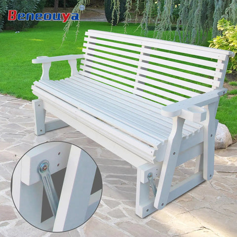 Beefy Bearing Arm Bracket Replacement Kit For Glider Rocker Parts Eight Piece Set, Heavy Duty Rustproof Steel With Galvanized Coating, Weather Resistant Hardware Built To Endure Sun And Humidity installed on white wooden glider bench