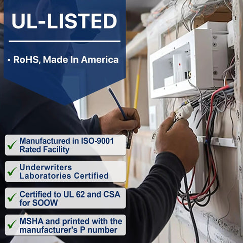 Electrician using Beefy Heavy Duty Portable Power Cable 16 AWG 4 Conductor SOOW 600V 50 Foot Roll on job site wiring