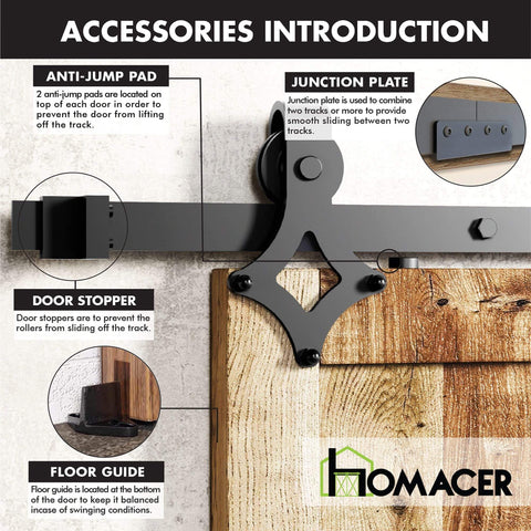 Diagram showing details of Black Rustic Non Bypass Sliding Barn Door Hardware Kit For Two Doors With 14ft Flat Track And Diamond Design Rollers.