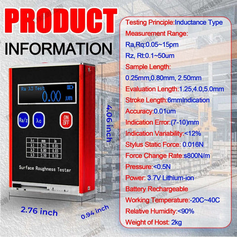Pro Grade Digital Surface Roughness Tester With 0.01μm Accuracy, Portable Handheld Gauge For Ra Rq Rz Rt, Four Parameter Surface Finish Meter, Includes Calibration Block And Bracket, front view