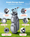15 Way Top Divider Golf Cart Bag With Full Length Dividers Rain Hood Grip Locking Bottom Silicone Head Protection Storage Pockets Shoulder Strap 600D Cationic Polyester For Men with multiple storage pockets on golf course.