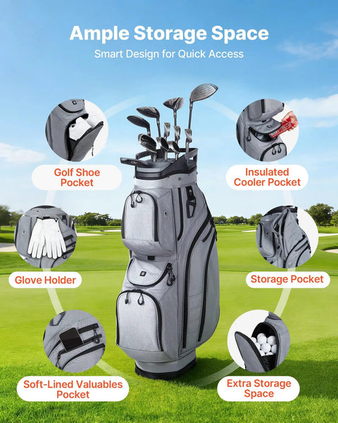 15 Way Top Divider Golf Cart Bag With Full Length Dividers Rain Hood Grip Locking Bottom Silicone Head Protection Storage Pockets Shoulder Strap 600D Cationic Polyester For Men with multiple storage pockets on golf course.