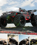 All Terrain 1:18 RC Truck With 40 KPH High Speed 4WD Off Road Electric Vehicle Dual Rechargeable Batteries, shown on rocky terrain.