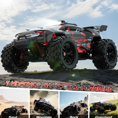 All Terrain 1:18 RC Truck With 40 KPH High Speed 4WD Off Road Electric Vehicle Dual Rechargeable Batteries, shown on rocky terrain.
