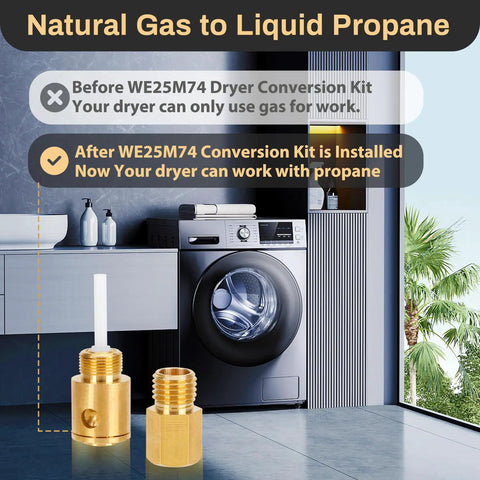 Gas To Propane Conversion Kit For GE And Kenmore Dryers in a modern laundry room setting with dryer displayed