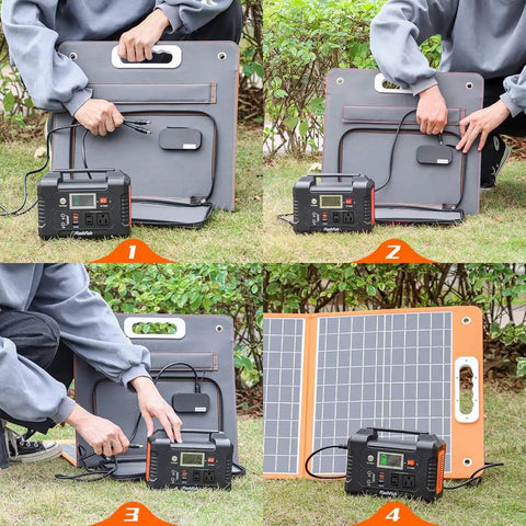 All In One Portable Solar Generator Kit With 60W Panel And 200W Power Station setup on grass, showing solar panel and power station.