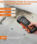 Professional Pin Moisture Meter Tailored With Dual Settings For Wood Lumber And Drywall Panels Alongside Standard Construction Frames Using Rugged Alloy Needle Probes measuring moisture on floor tiles.