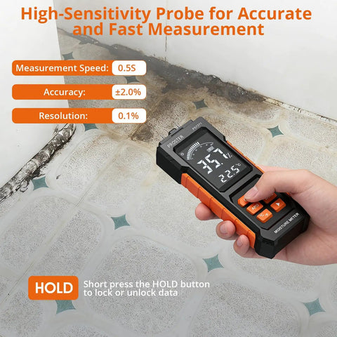 Professional Pin Moisture Meter Tailored With Dual Settings For Wood Lumber And Drywall Panels Alongside Standard Construction Frames Using Rugged Alloy Needle Probes measuring moisture on floor tiles.