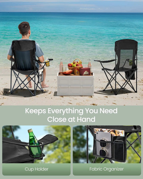 Two-Pack Breathable Camping Chairs Set with High Back Support, 330 lb capacity beside beach with drinks and storage, Ink Black