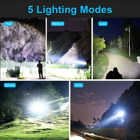 Rechargeable LED Flashlight 12000 Lumens With Chargers And Batteries Included, demonstrating 5 lighting modes in various settings