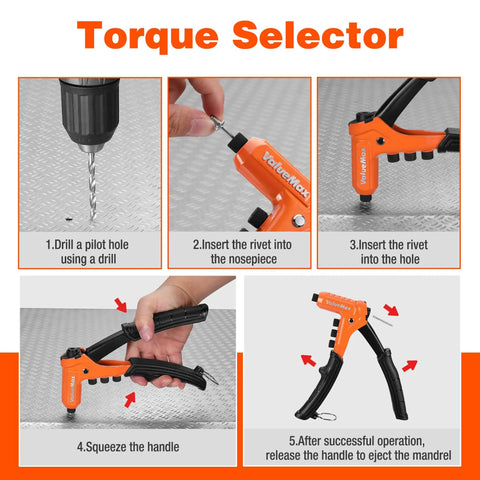 Step-by-step use of Heavy Duty Four In One Rivet Gun Kit With 200 Rivets And Four Interchangeable Nosepieces for metal projects.