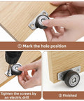 Twenty Pack Small Side Mount Caster Wheels With Silent Smooth Rolling Motion For Drawer Cabinet Upgrades. Installation steps shown.
