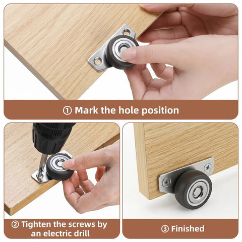Twenty Pack Small Side Mount Caster Wheels With Silent Smooth Rolling Motion For Drawer Cabinet Upgrades. Installation steps shown.